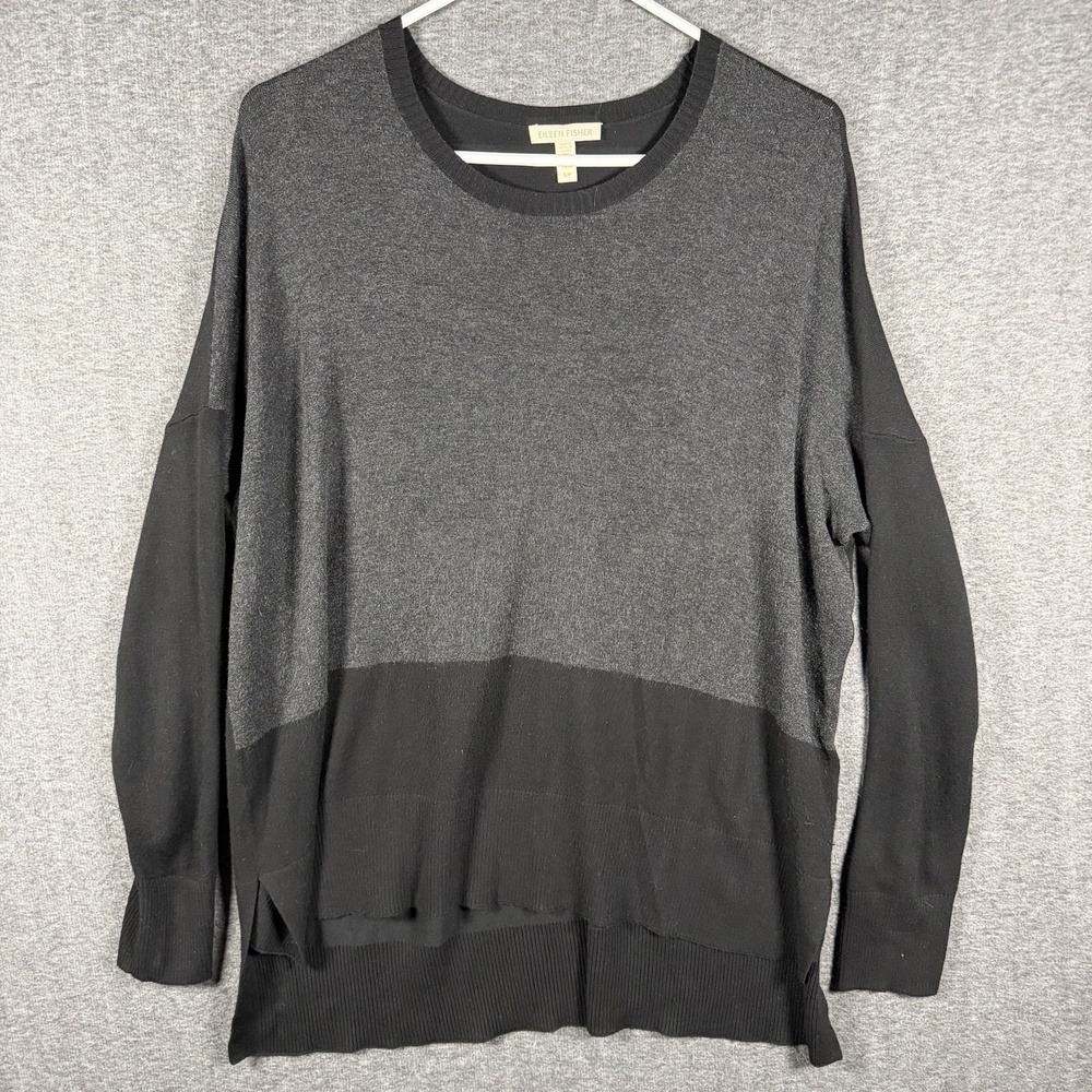 Eileen Fisher Petites PS Black Gray Knit Crewneck Sweater Long Sleeve Pullover